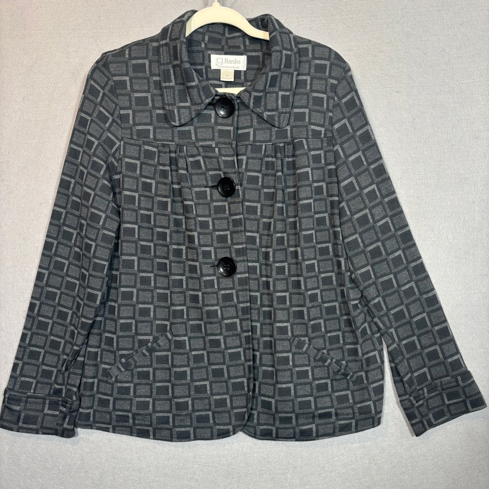 CJ Banks Women's Gray Geometric‎ Print Button Front Jacket Size XL Statement